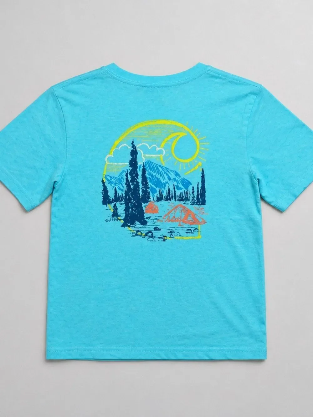 Carhartt blue pocket t-shirt with camping graphic on back